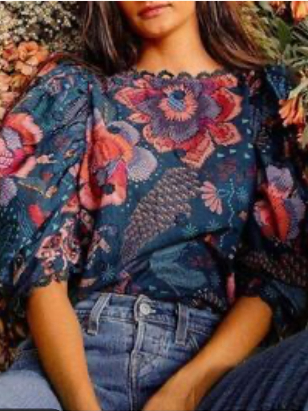 FARM RIO TEAL RIVER CREATURE TOP Floral Puff-Sleeve Navy Green Coral SMALL